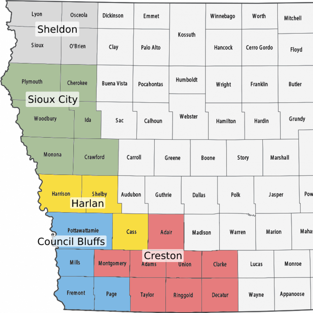County map listing the counties in Sheldon, Sioux city, Harlan, Council bluffs, and Creston.